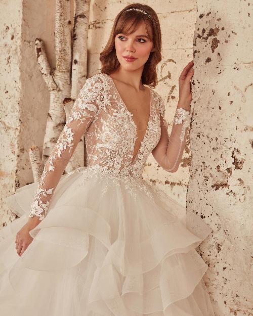 La21221 long sleeve ball gown wedding dress with lace and layered tulle1